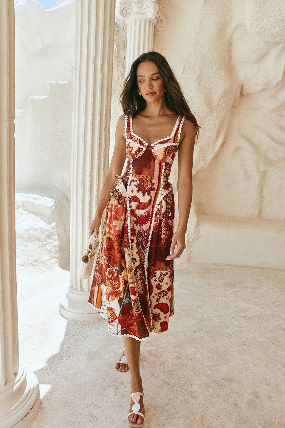 Red maxi dress, styled on model