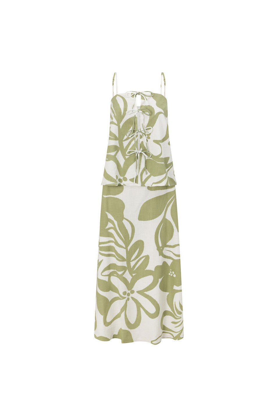 Green maxi dress with an A-line skirt, side view