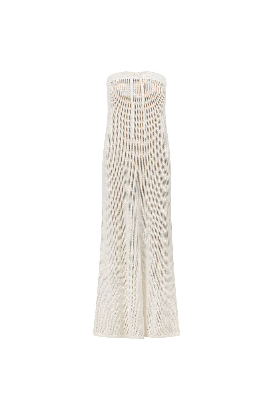 White maxi dress with a strapless neckline, front view