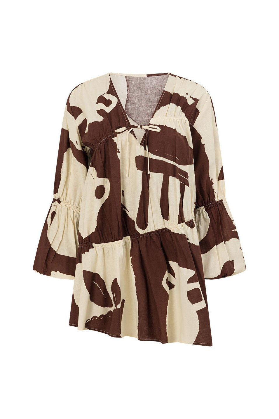Brown mini dress with a V neckline, back view