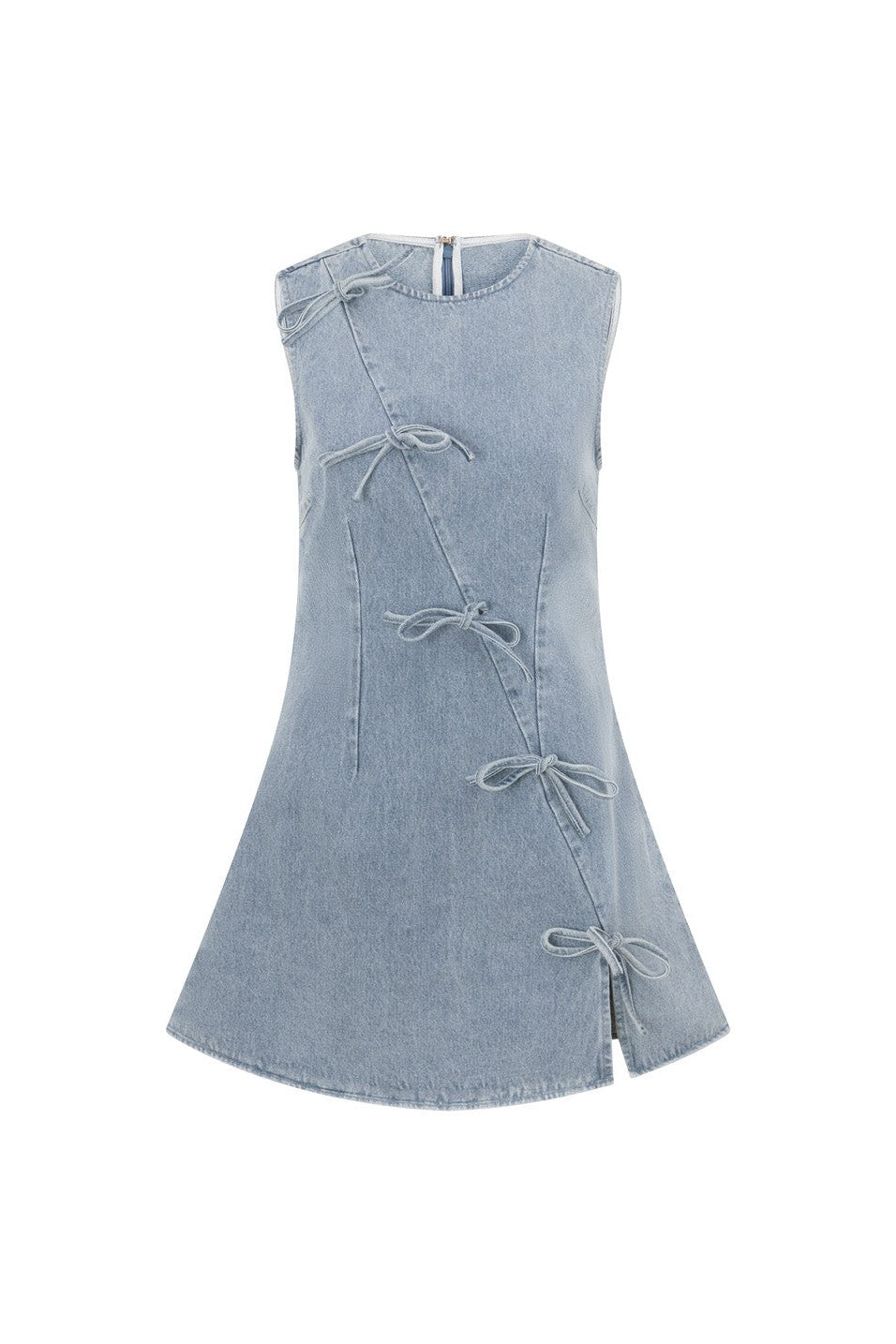 Blue mini dress with an A-line skirt, detail view