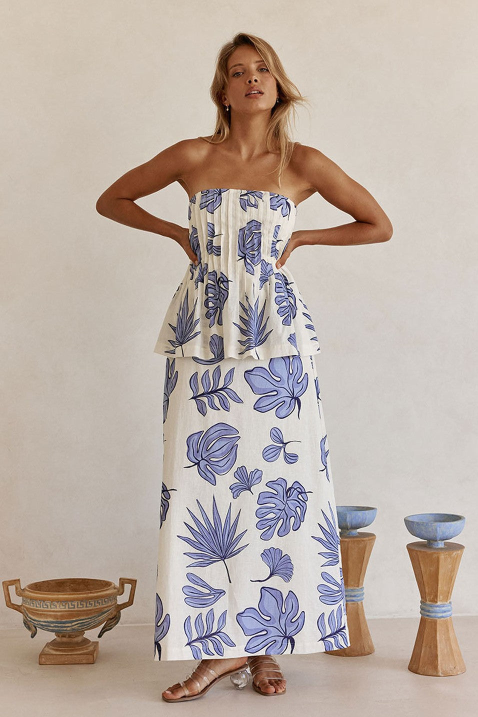 Blue maxi dress with a strapless neckline, front view