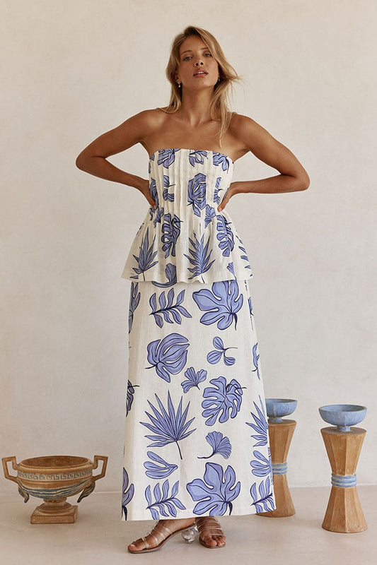 Blue maxi dress with a strapless neckline, front view