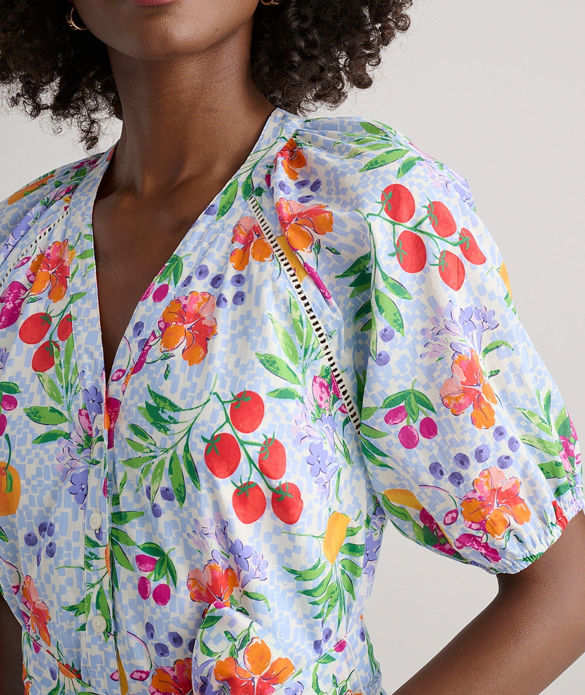 garden print cotton dress, side view