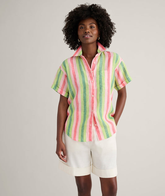 green multicolor stripe shirt, front view