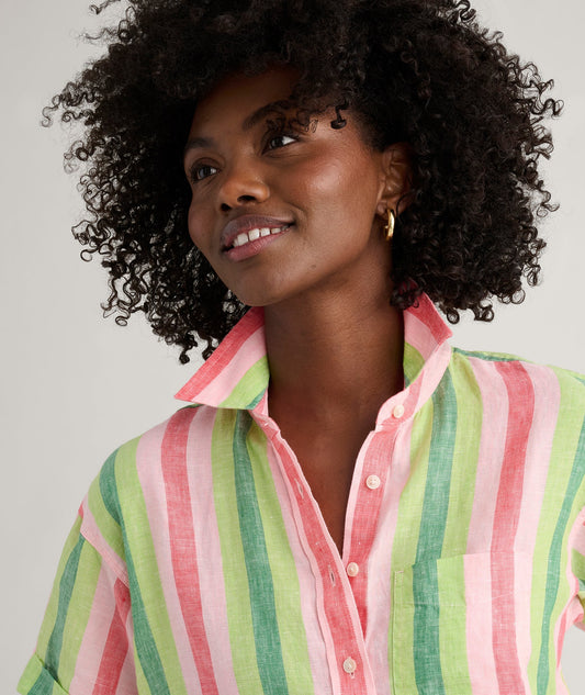 green multicolor stripe shirt, side view
