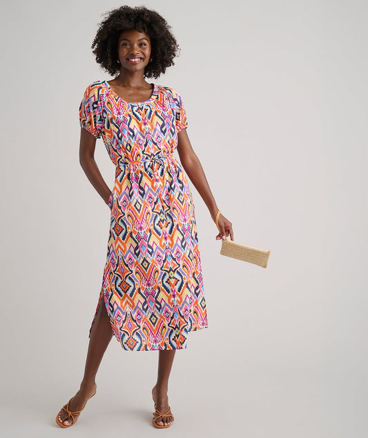 ikat print cotton midi dress, front view