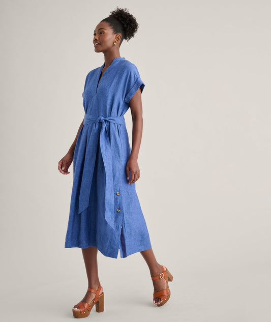 navy relaxed linen dress, front view