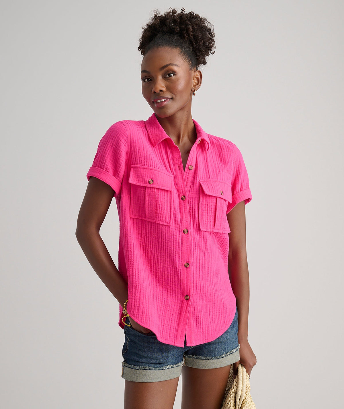 pink crinkle cotton shirt, front view