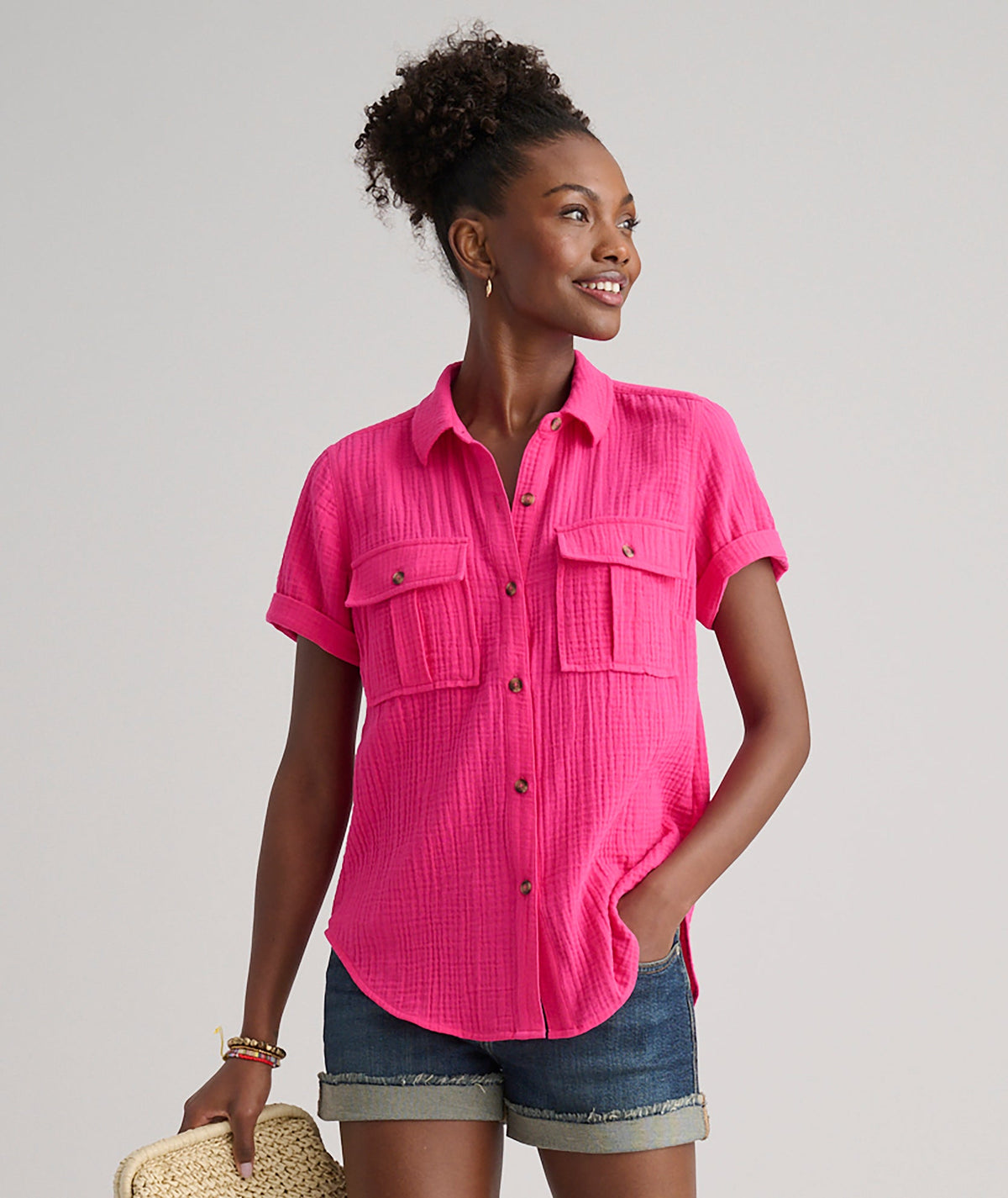 pink crinkle cotton shirt, detail view