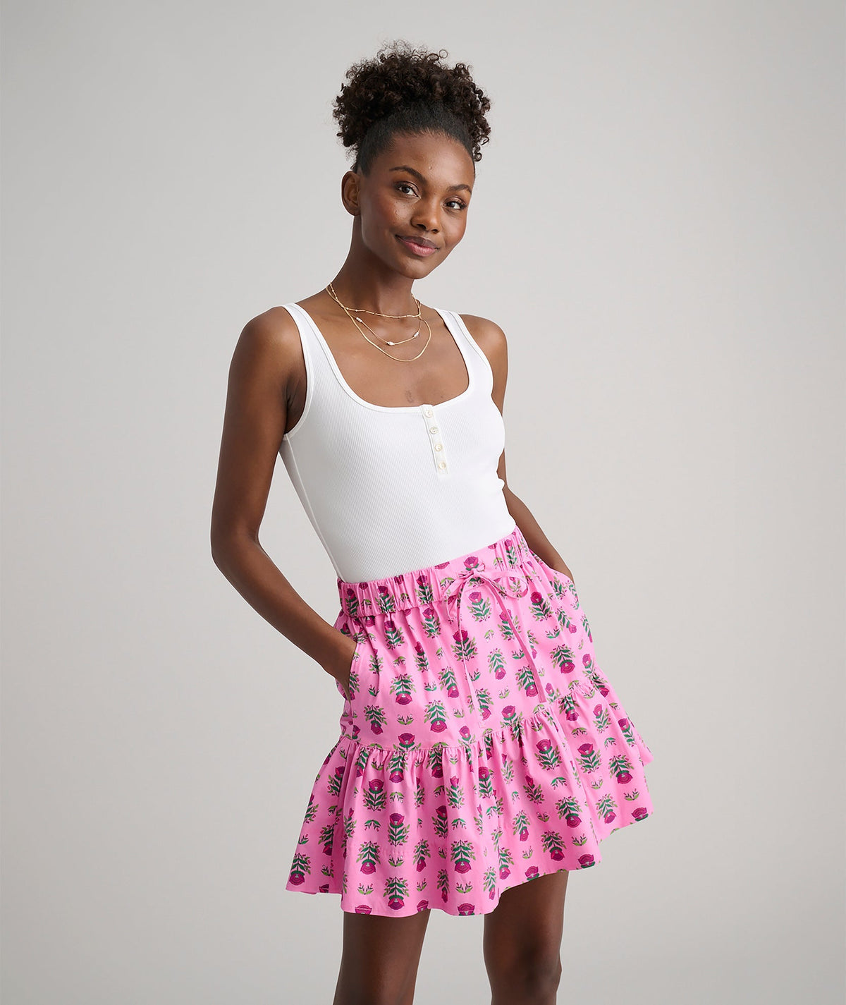 pink floral block print skirt, front view