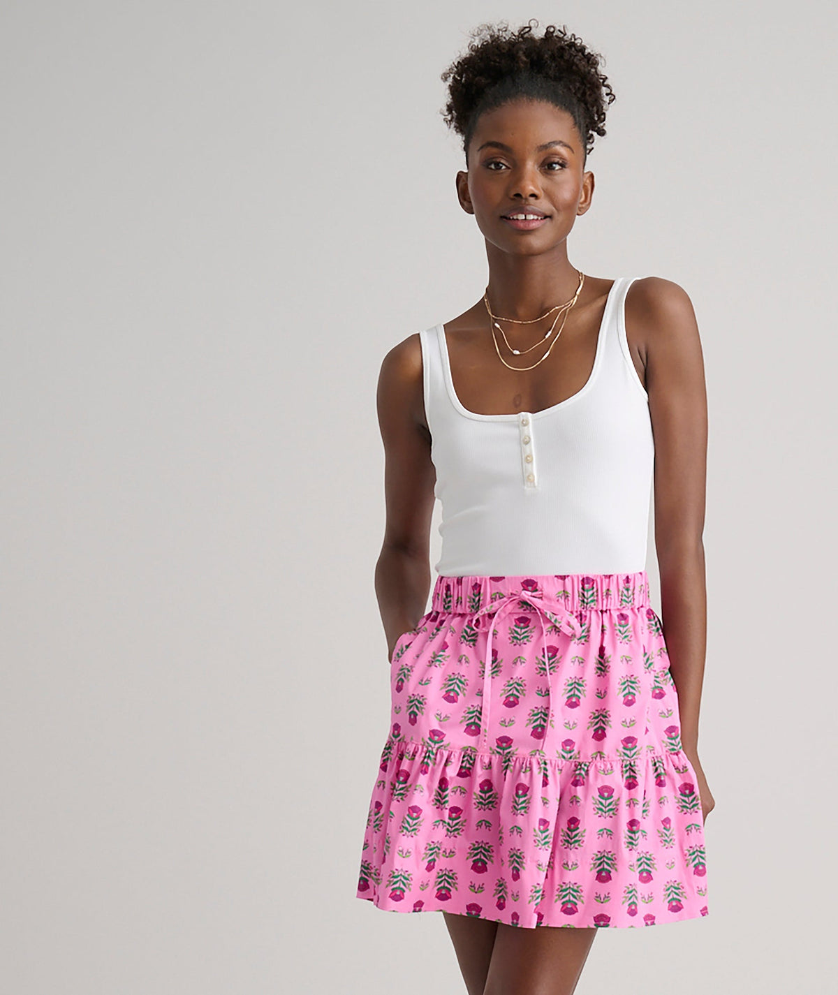 pink floral block print skirt, detail view