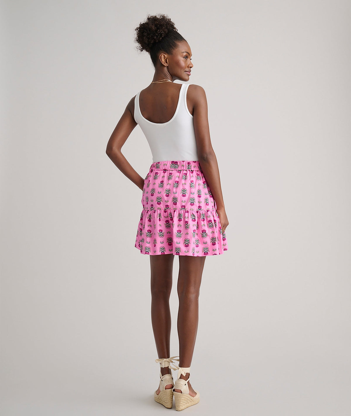 pink floral block print skirt, back view