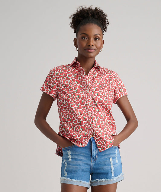 pink strawberry print shirt, front view