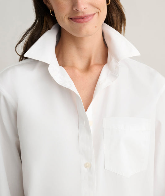 relaxed white cotton shirt, side view