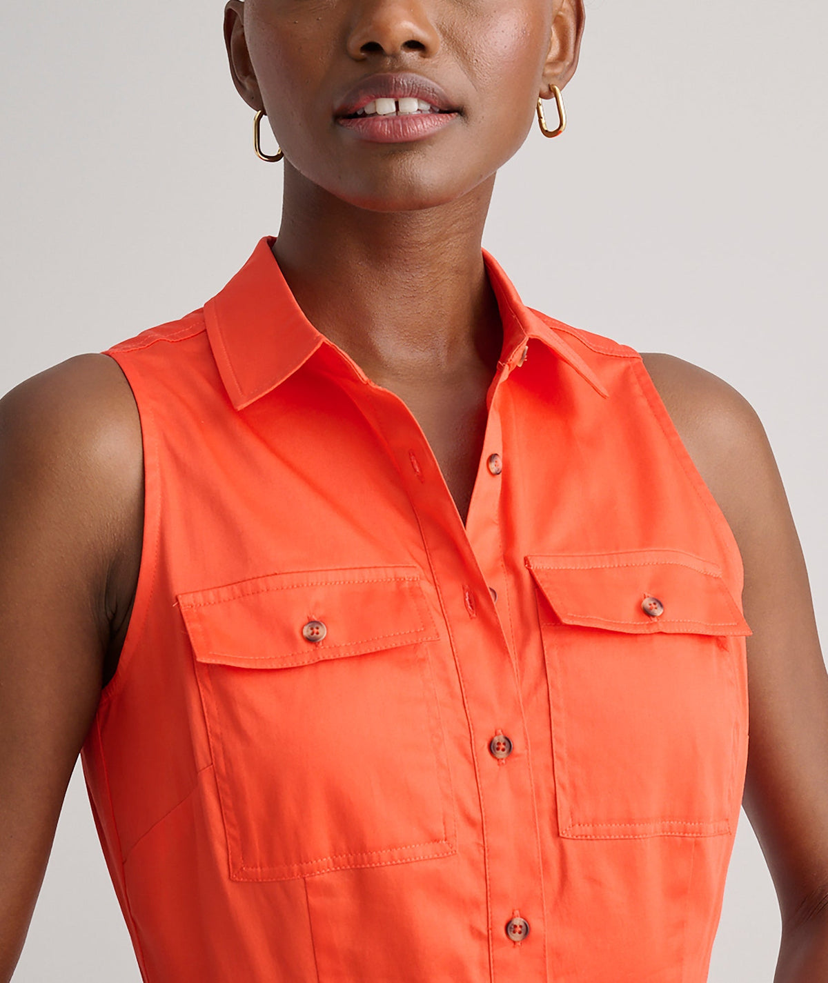 sleeveless cotton shirt dress, side view