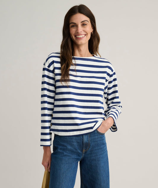 white boatneck striped tee, front view