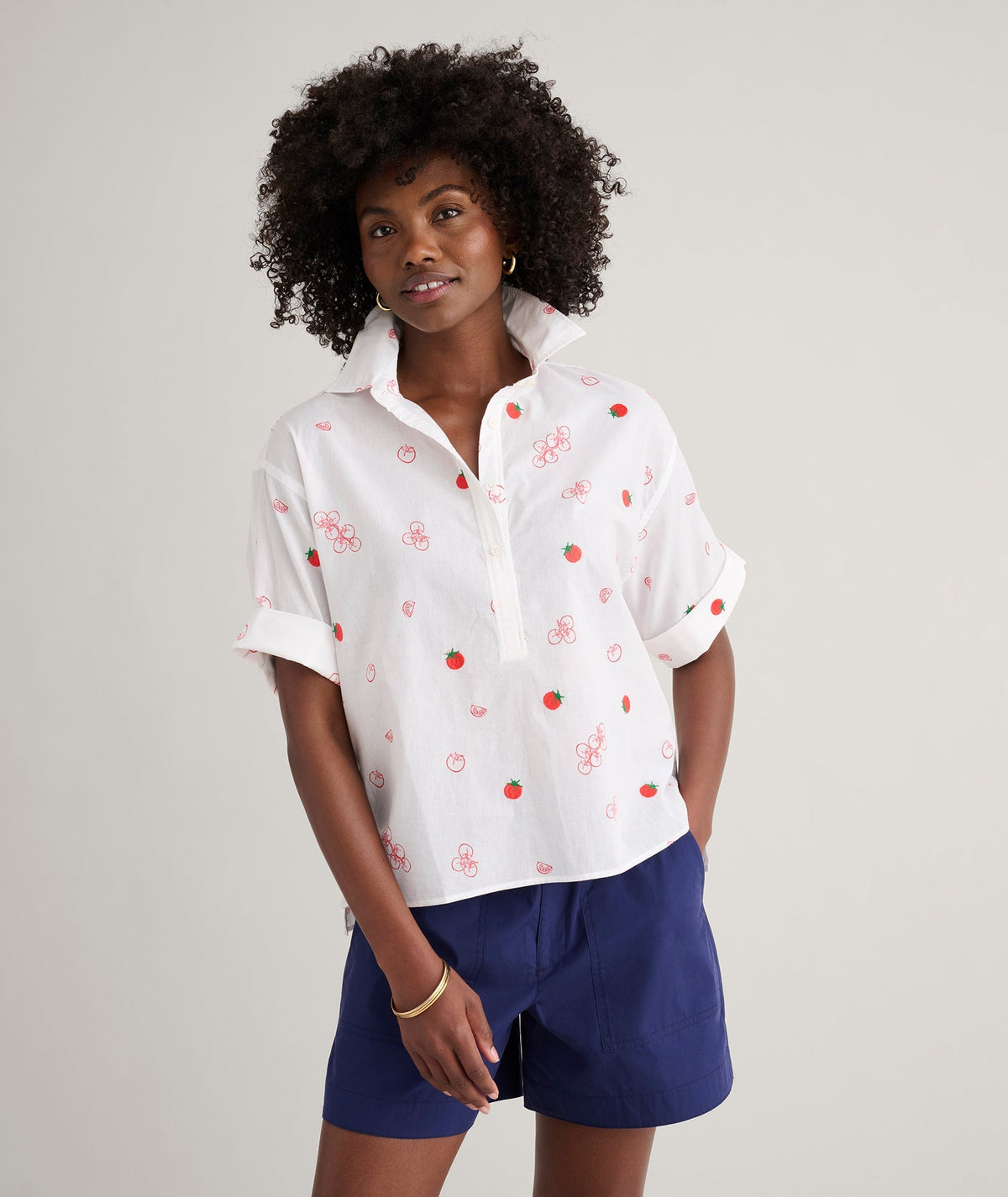white embroidered tomato print shirt, front view