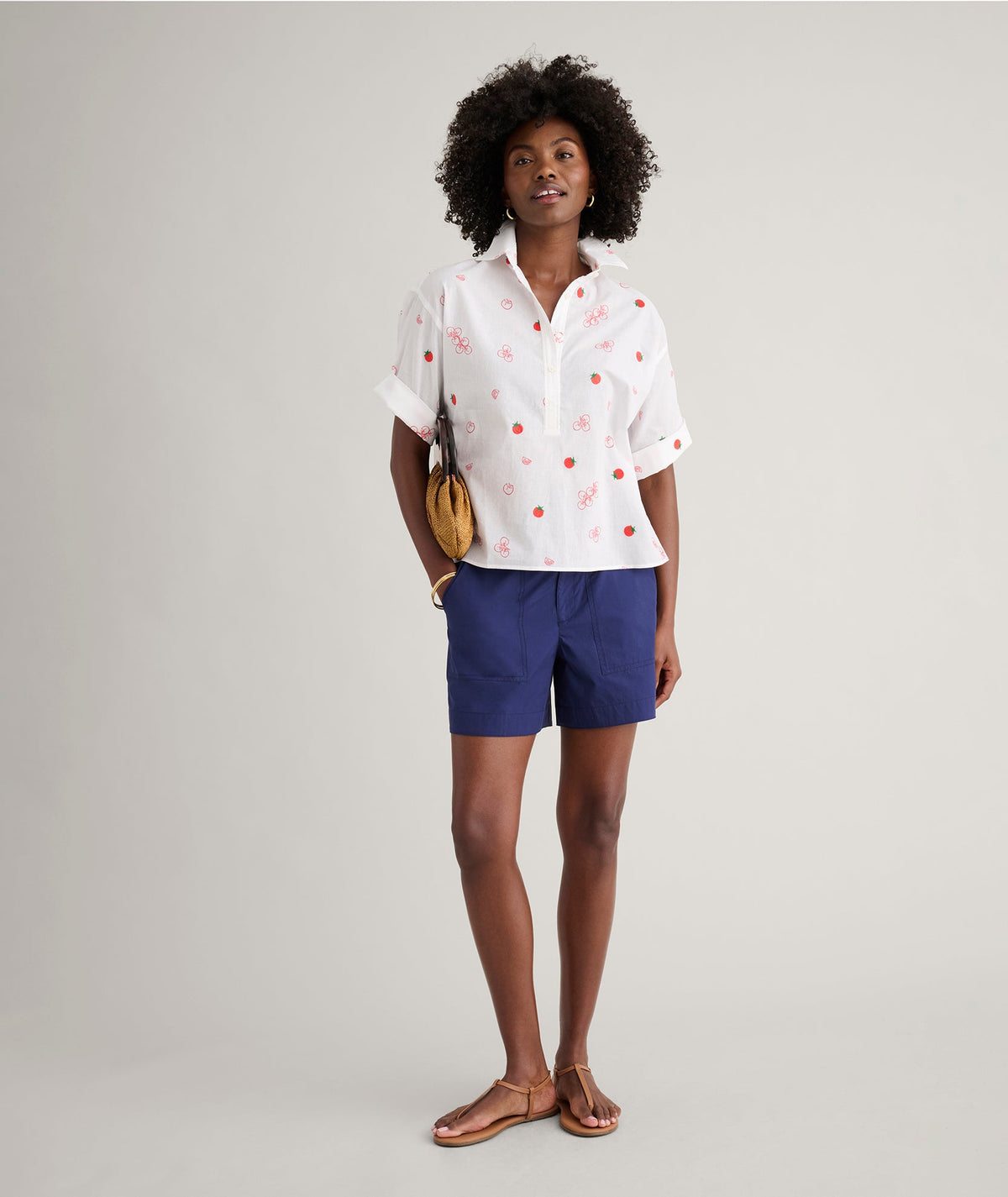 white embroidered tomato print shirt, back view