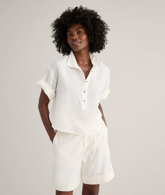 white linen popover shirt, front view