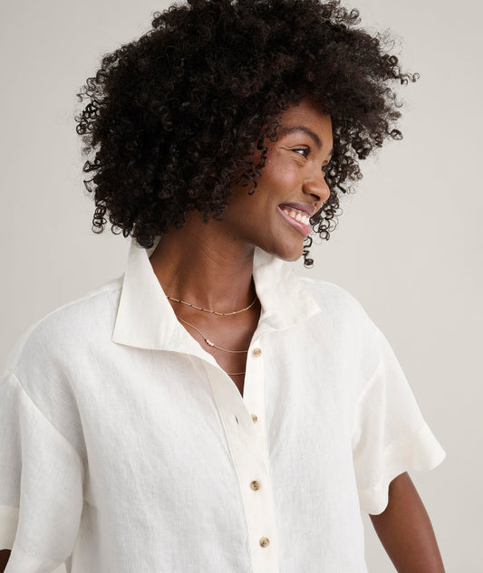 white linen popover shirt, side view